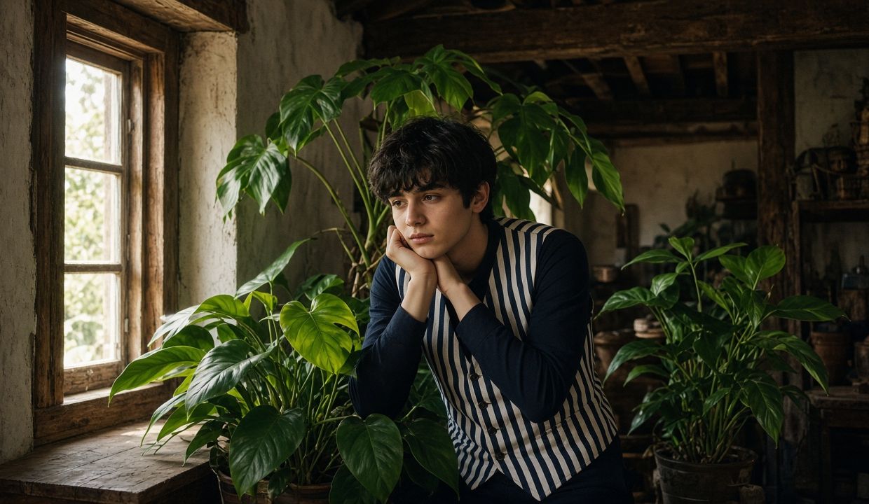 A thoughtful young man among plants