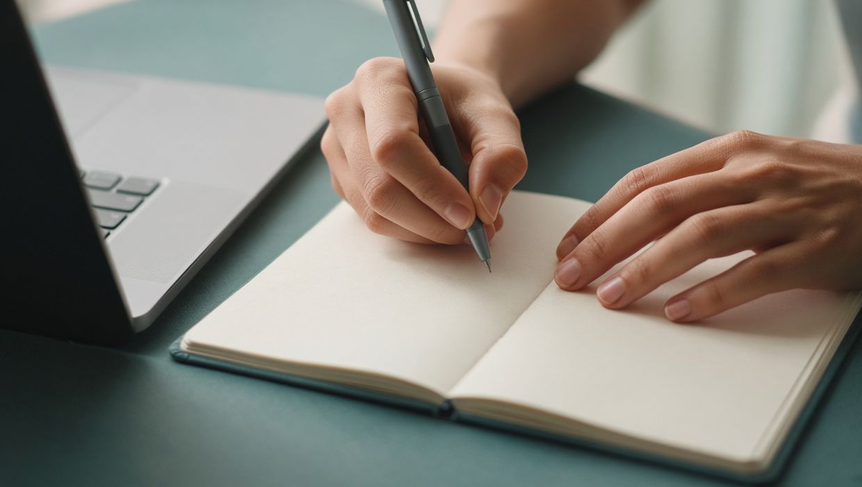 Hands writing in a notebook beside a laptop