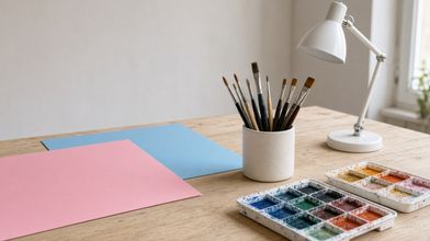 A studio table with brushes and prints