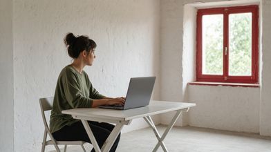 Someone working at a table in a bright room