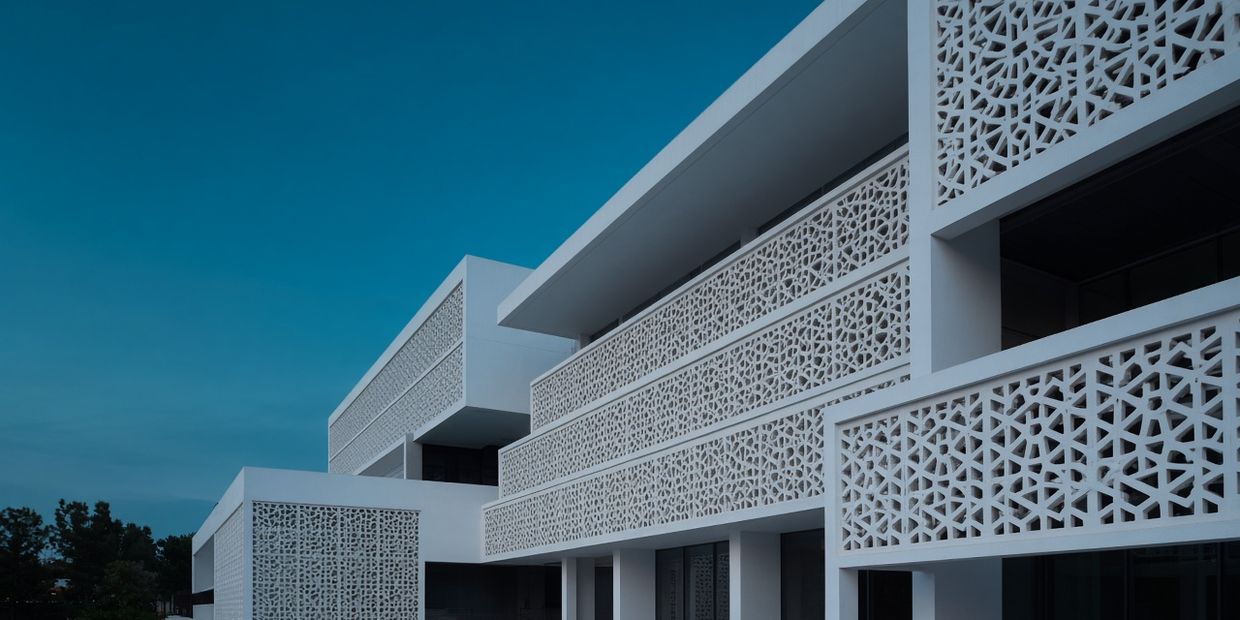 A building with geometric screens