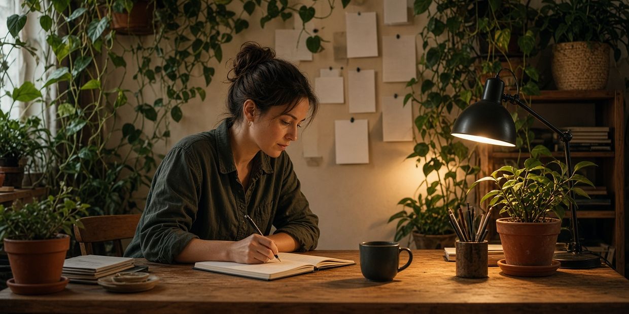 A woman at a desk among plants