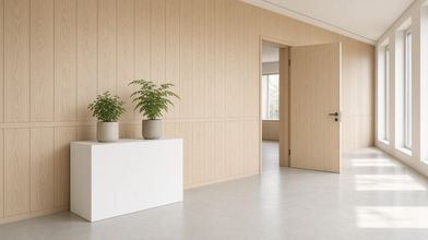 A bright corridor with timber panelling