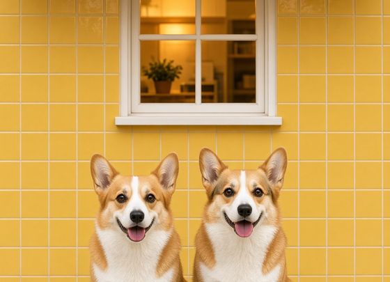 Two corgis in front of a yellow tiled shopfront