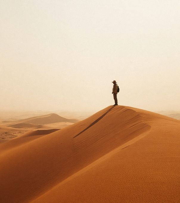 A hiker standing on a desert dune